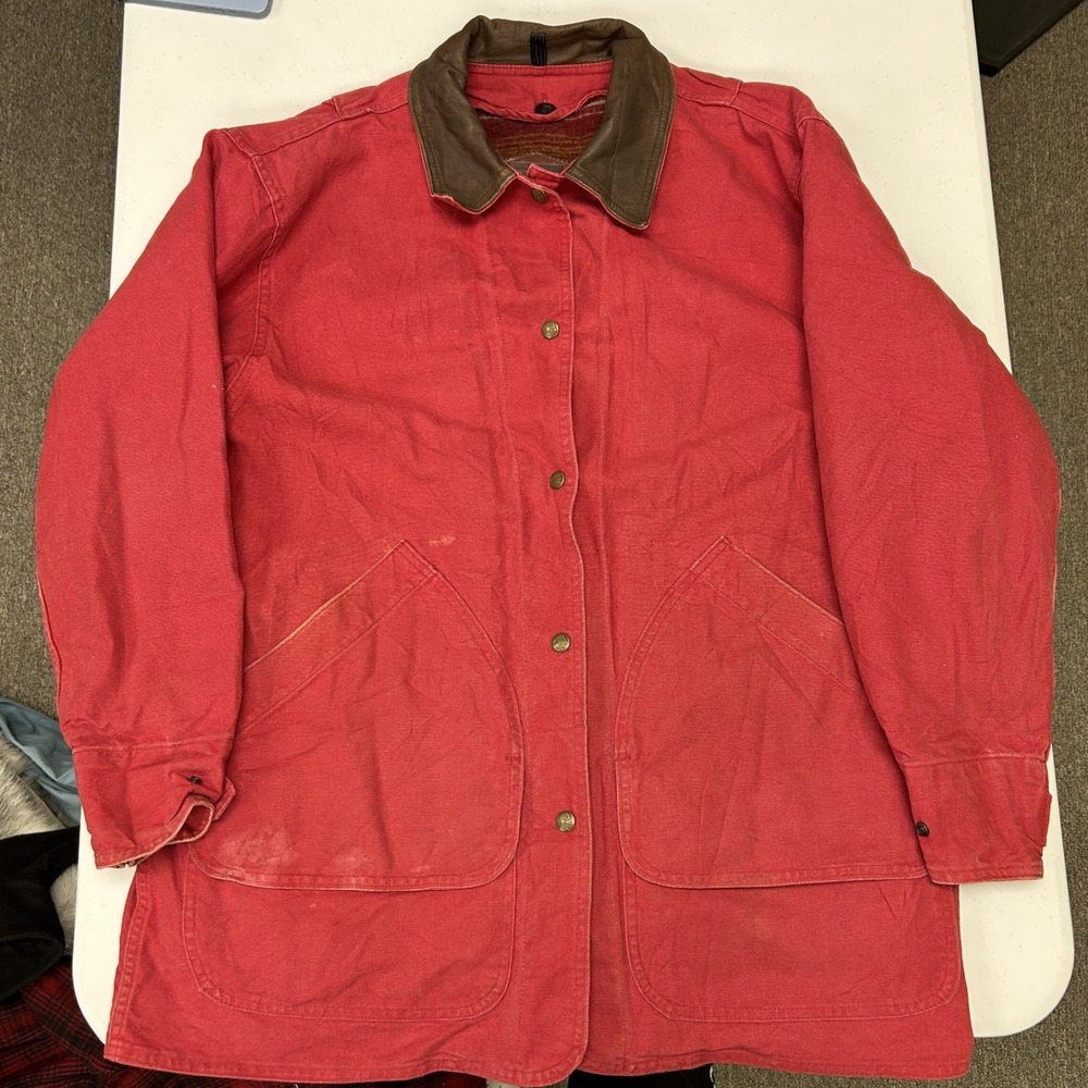 Woolrich Barn Jacket Woman Medium Red Canvas Leather Collar Striped Wool Lined